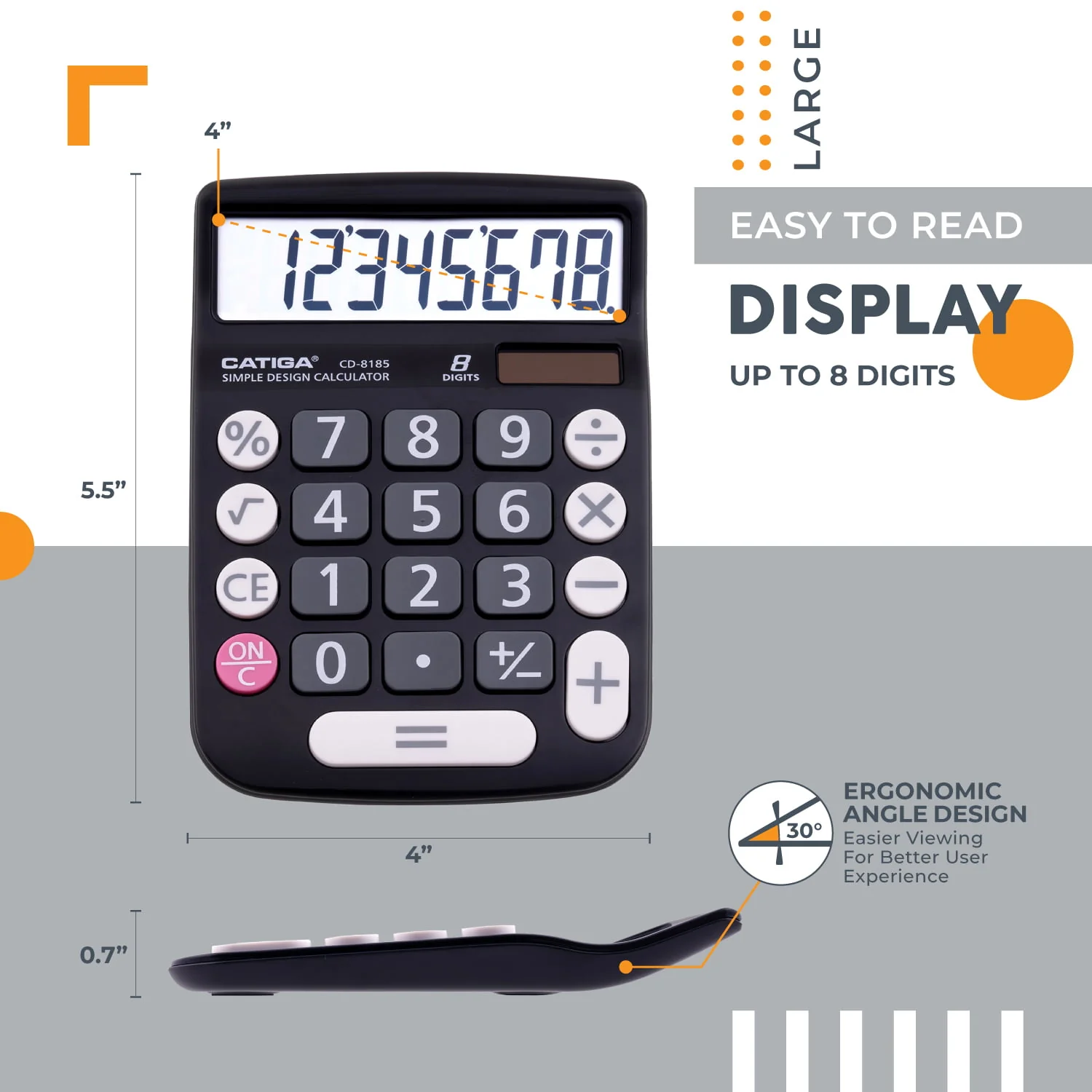 CATIGA CD-8185 Calculator Large LCD & Buttons 8 Digit Dual Power Home Office School (Black)
