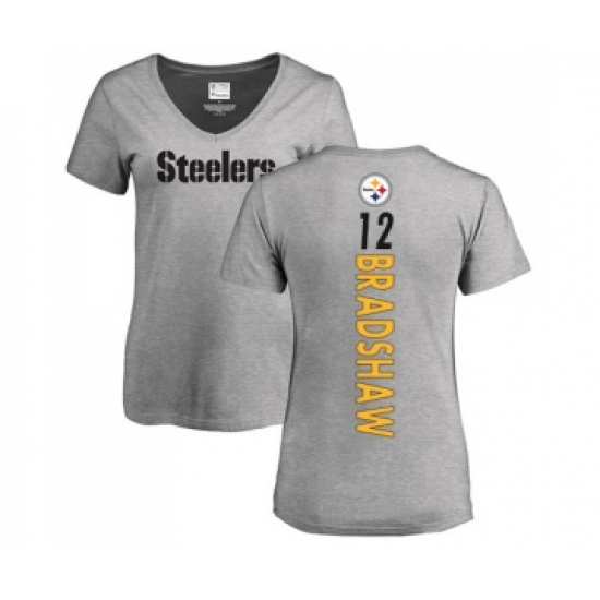 Football Women's Pittsburgh Steelers #12 Terry Bradshaw Ash Backer V-Neck T-Shirt - Jersey