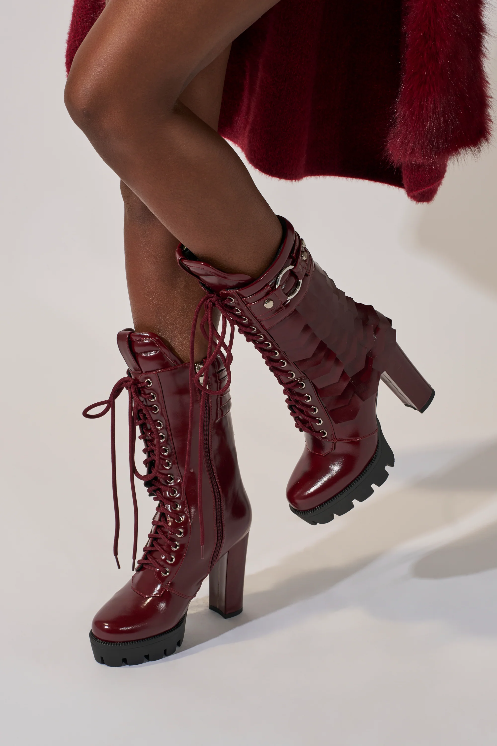AZALEA WANG GERNOT BURGUNDY LACE UP SCALED PLATFORM BOOTIE - Akira Wear