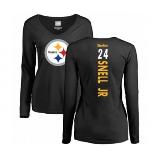 Women's Pittsburgh Steelers #24 Benny Snell Jr. Black Backer Slim Fit Long Sleeve T-Shirt - Jersey