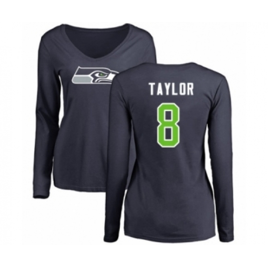 Football Women's Seattle Seahawks #8 Jamar Taylor Navy Blue Name & Number Logo Long Sleeve T-Shirt - Jersey