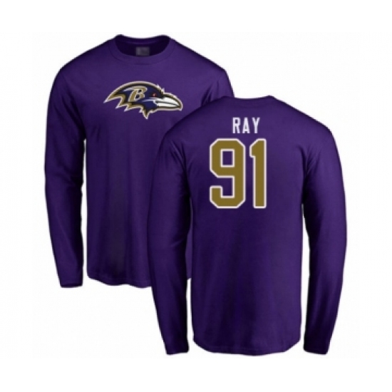 Football Baltimore Ravens #91 Shane Ray Purple Name & Number Logo Long Sleeve T-Shirt - Jersey