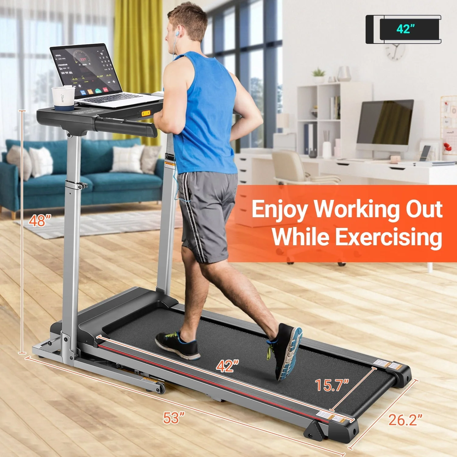 Tikmboex 2.5HP Incline Treadmill with Desk Adjustable Height, 300lbs Capacity Treadmill with Bluetooth Speaker App, Foldable Running Machine for Cardio Workout, Gray