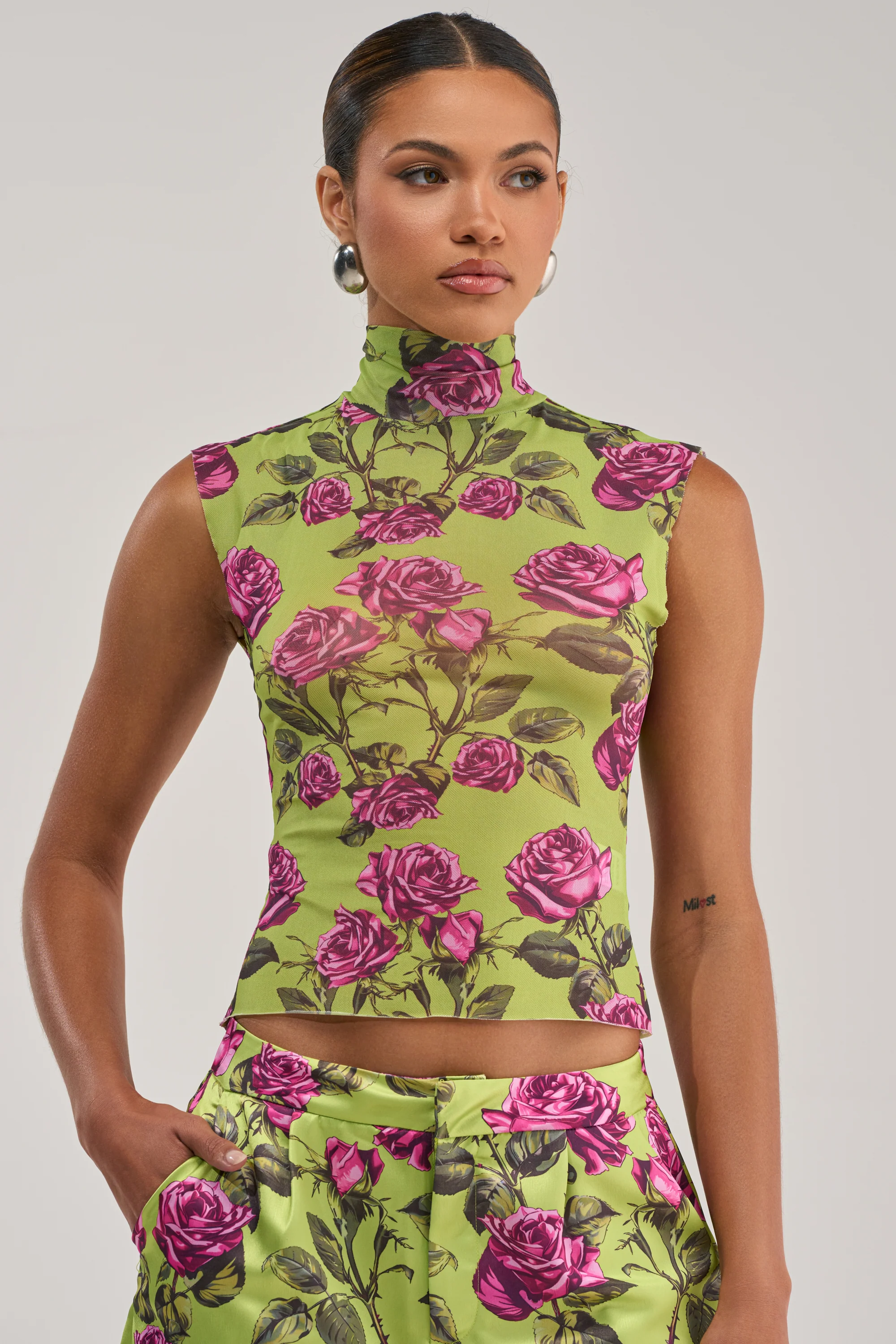 DOZEN ROSES MESH TOP IN CHARTREUSE - Akira Wear