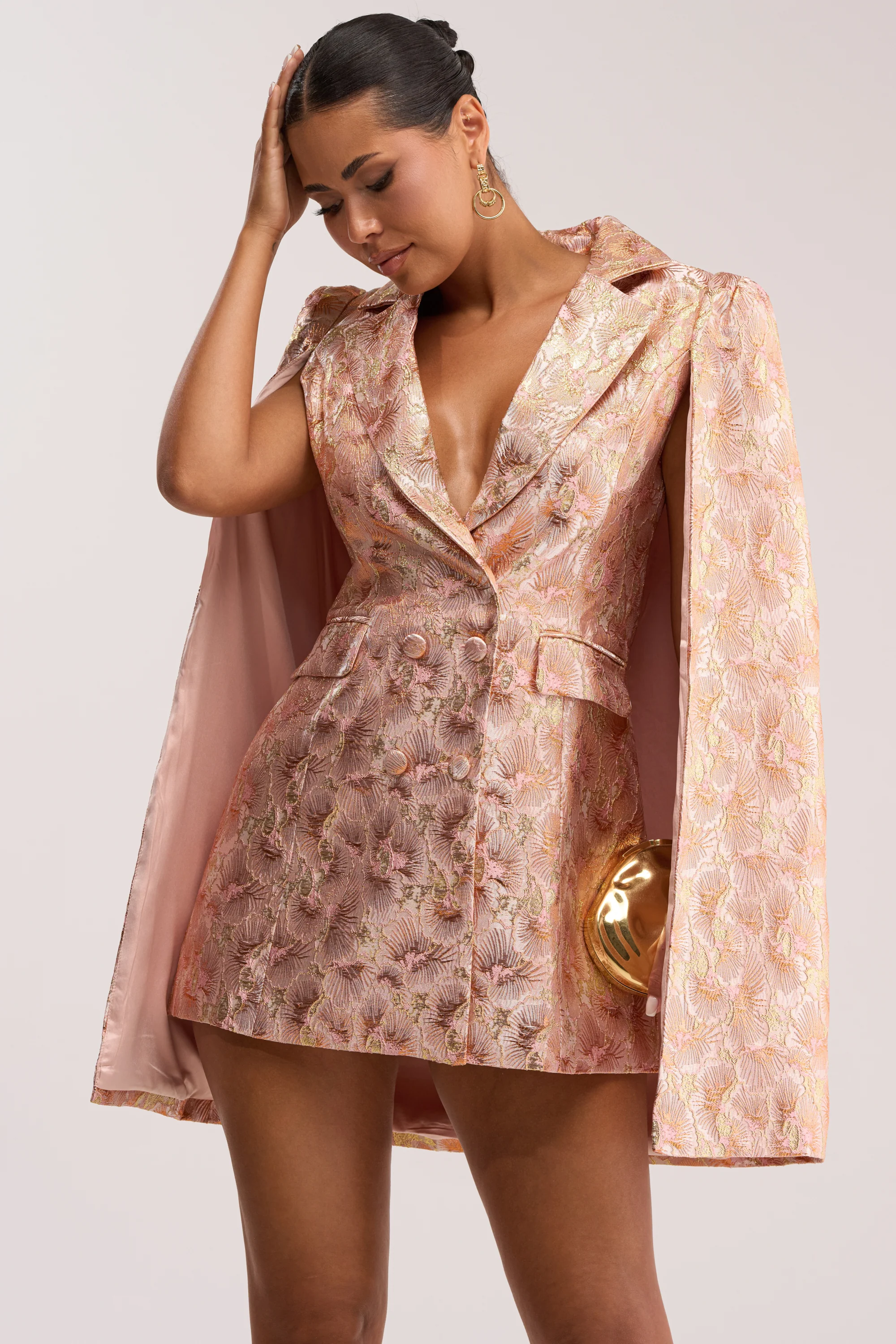 IMANI BROCADE CAPE SLEEVE BLAZER DRESS IN ORANGE - Akira Wear
