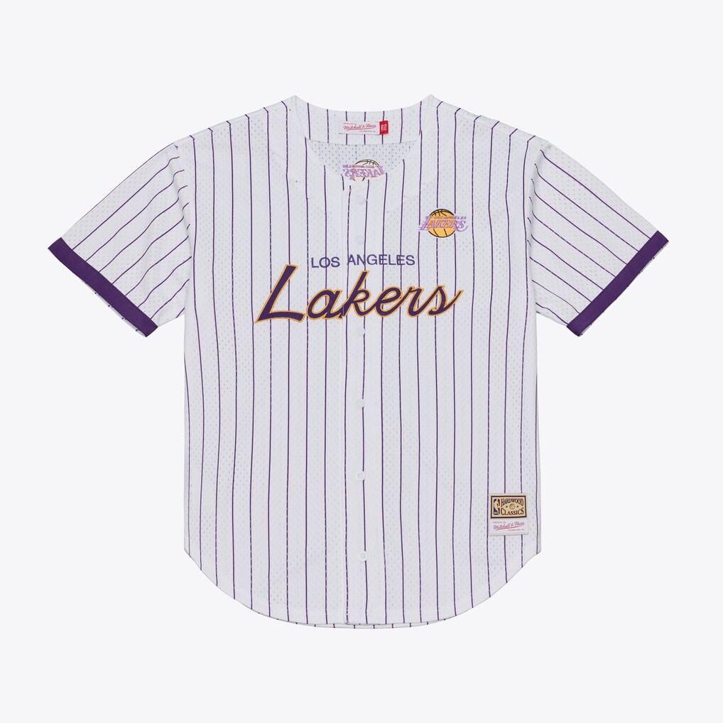 Men's Los Angeles Lakers Mitchell & Ness White Head Coach Pinstripe Mesh Full-Button Baseball Jersey - Jersey