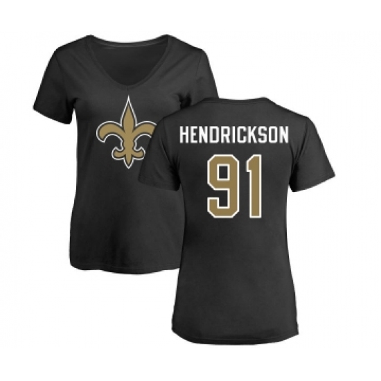 Football Women's New Orleans Saints #91 Trey Hendrickson Black Name & Number Logo Slim Fit T-Shirt - Jersey