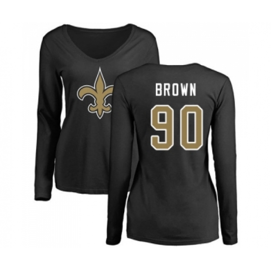 Football Women's New Orleans Saints #90 Malcom Brown Black Name & Number Logo Slim Fit Long Sleeve T-Shirt - Jersey