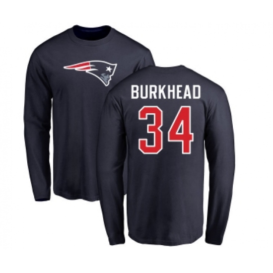 Football New England Patriots #34 Rex Burkhead Navy Blue Name & Number Logo Long Sleeve T-Shirt - Jersey