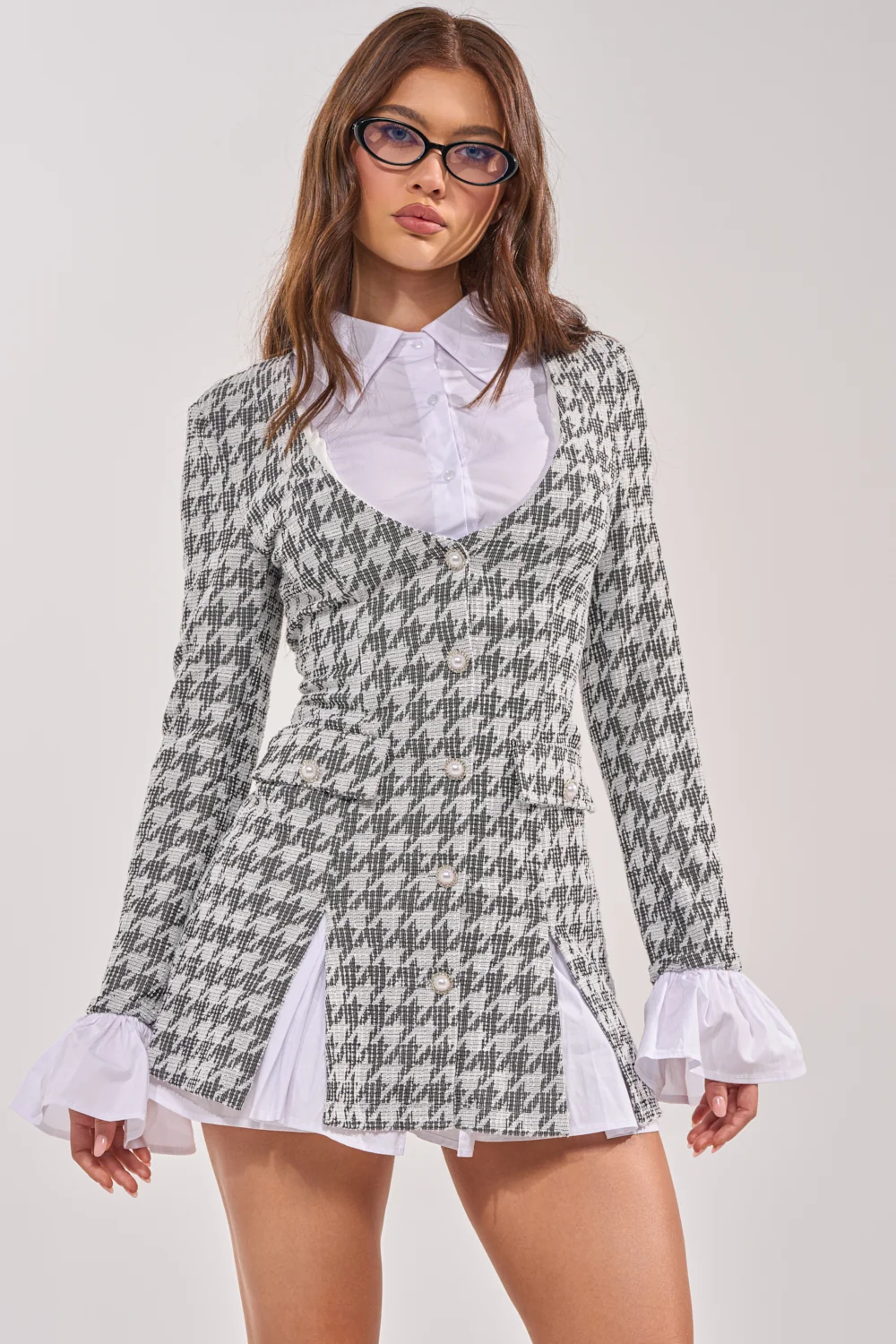 TALIA TWEED LONG SLEEVE COLLARED DRESS - Akira Wear