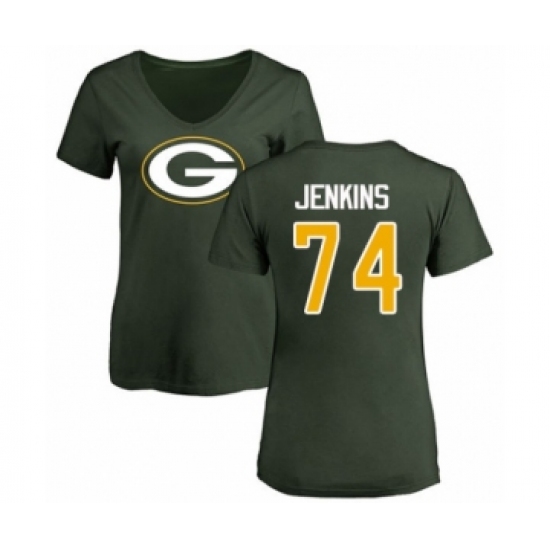 Football Women's Green Bay Packers #74 Elgton Jenkins Green Name & Number Logo T-Shirt - Jersey