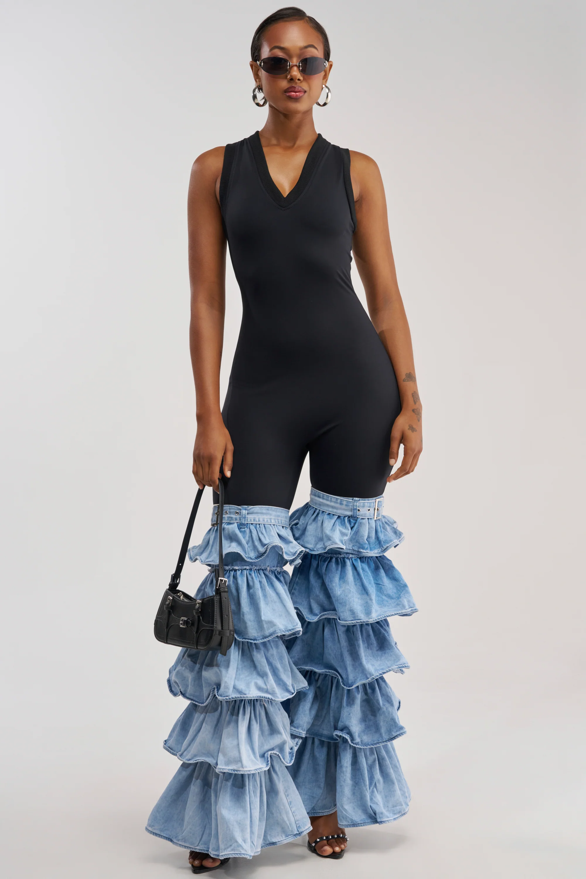 ELEVATED BASICS BODYCON JUMPSUIT WITH RUFFLE DENIM LEG - Akira Wear