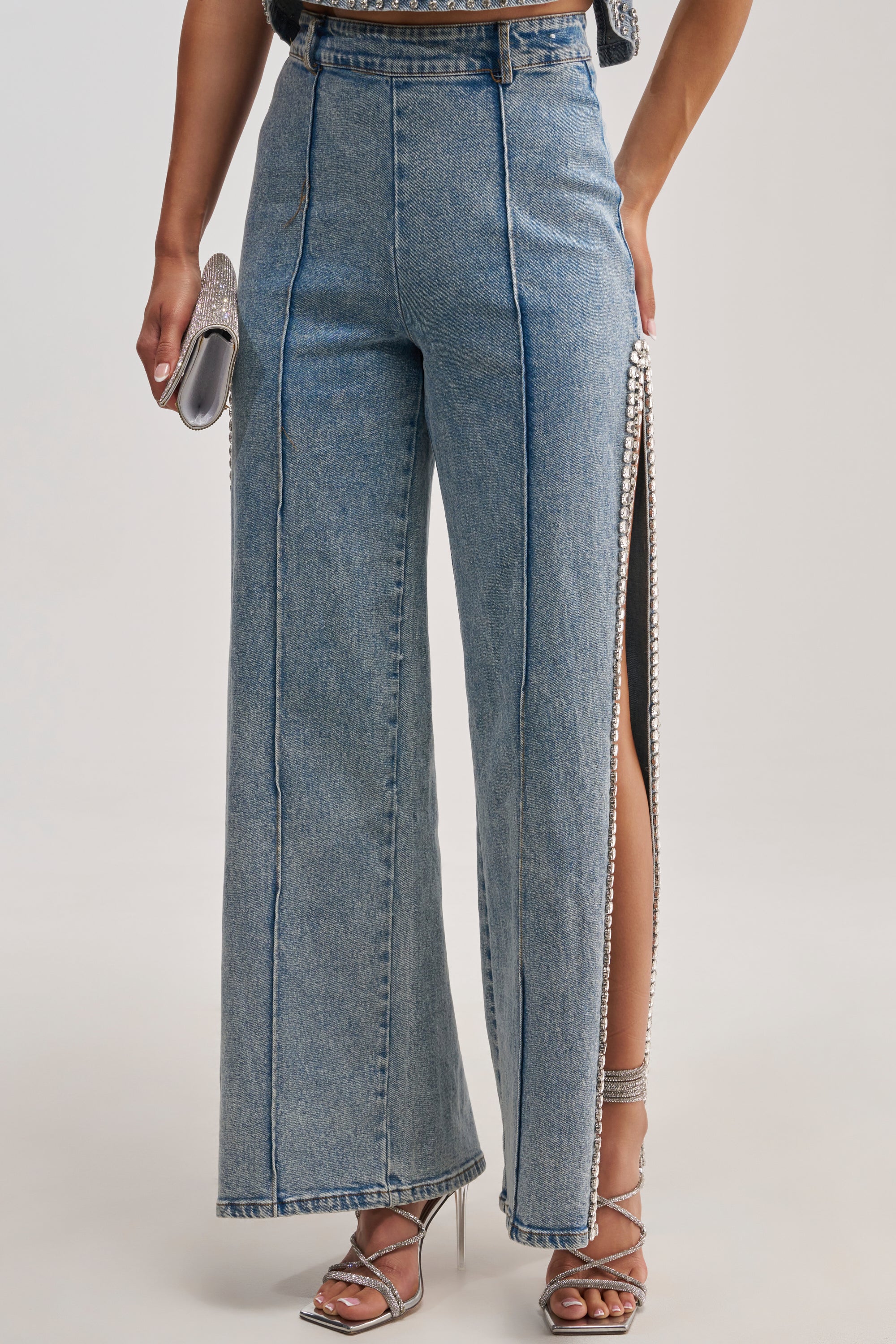 POPPING OUT RHINESTONE DENIM PANT - Akira Wear