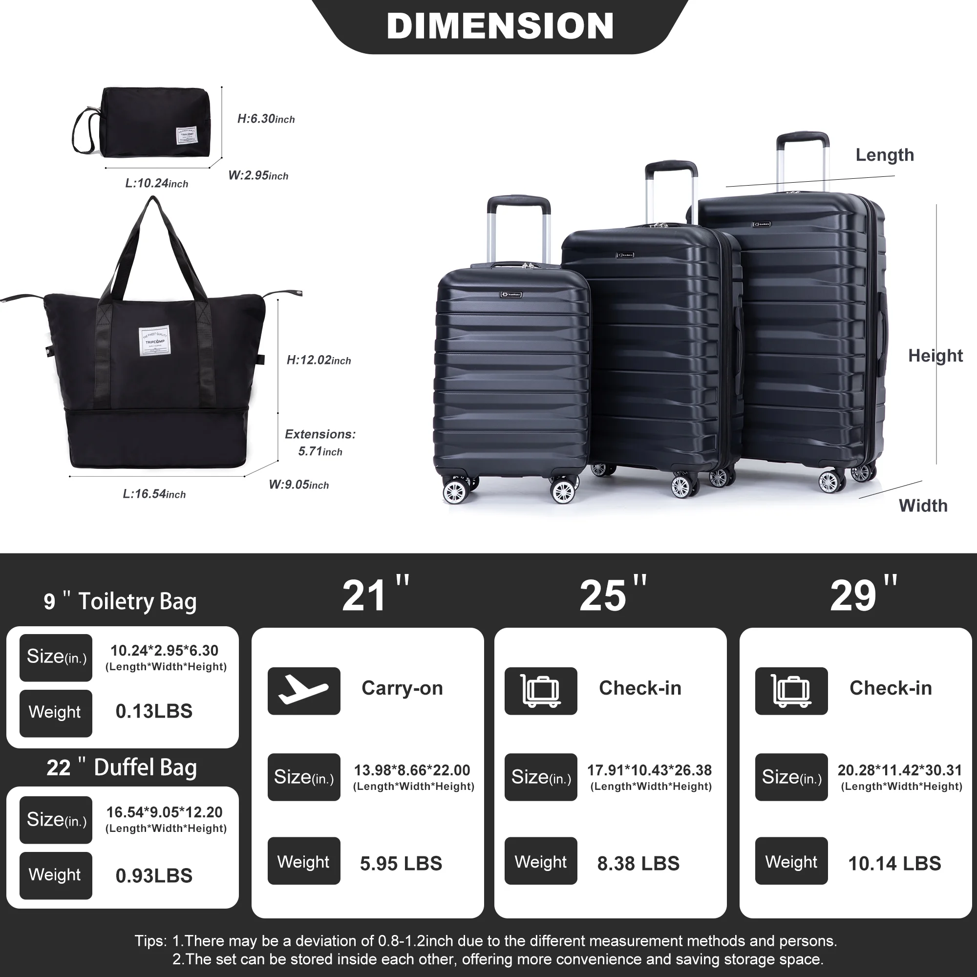 Tripcomp Luggage Sets 5 Piece Duffel Bag,Hardside Travel Luggage (20/24/28) with TSA Lock,Expandable Suitcase with Spinner Wheels.(Black)