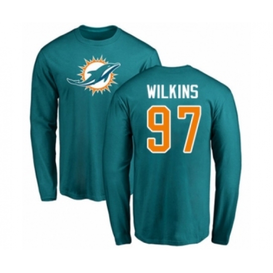 Football Miami Dolphins #97 Christian Wilkins Aqua Green Name & Number Logo Long Sleeve T-Shirt - Jersey