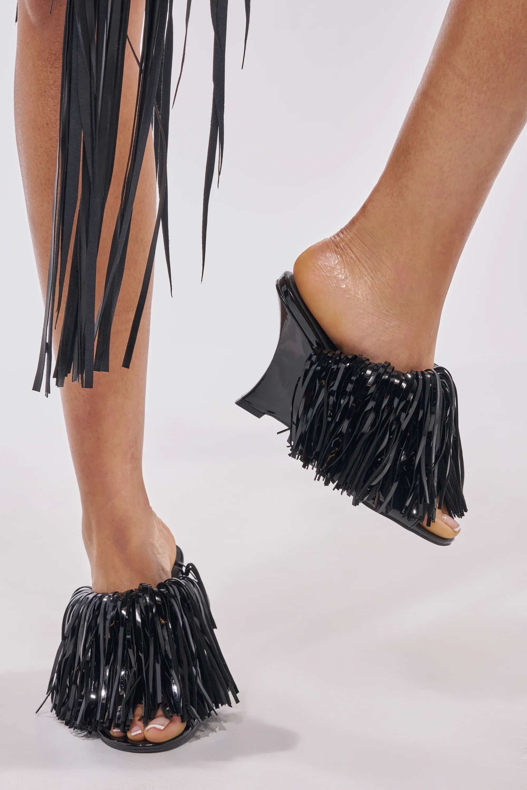 AZALEA WANG VAILYN BLACK FRINGE PU WEDGE SANDAL - Akira Wear