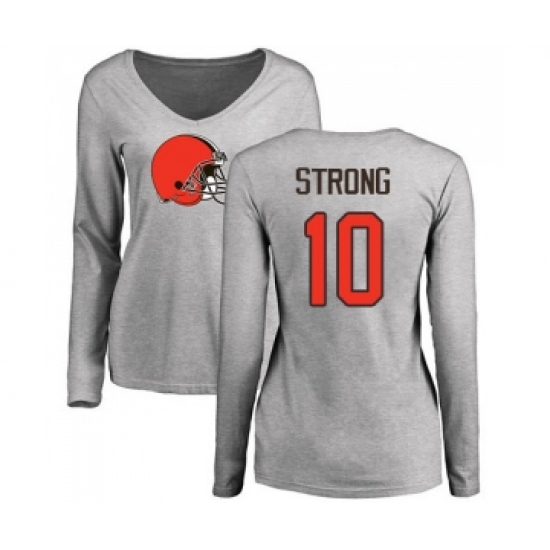 Football Women's Cleveland Browns #10 Jaelen Strong Ash Name & Number Logo Long Sleeve T-Shirt - Jersey