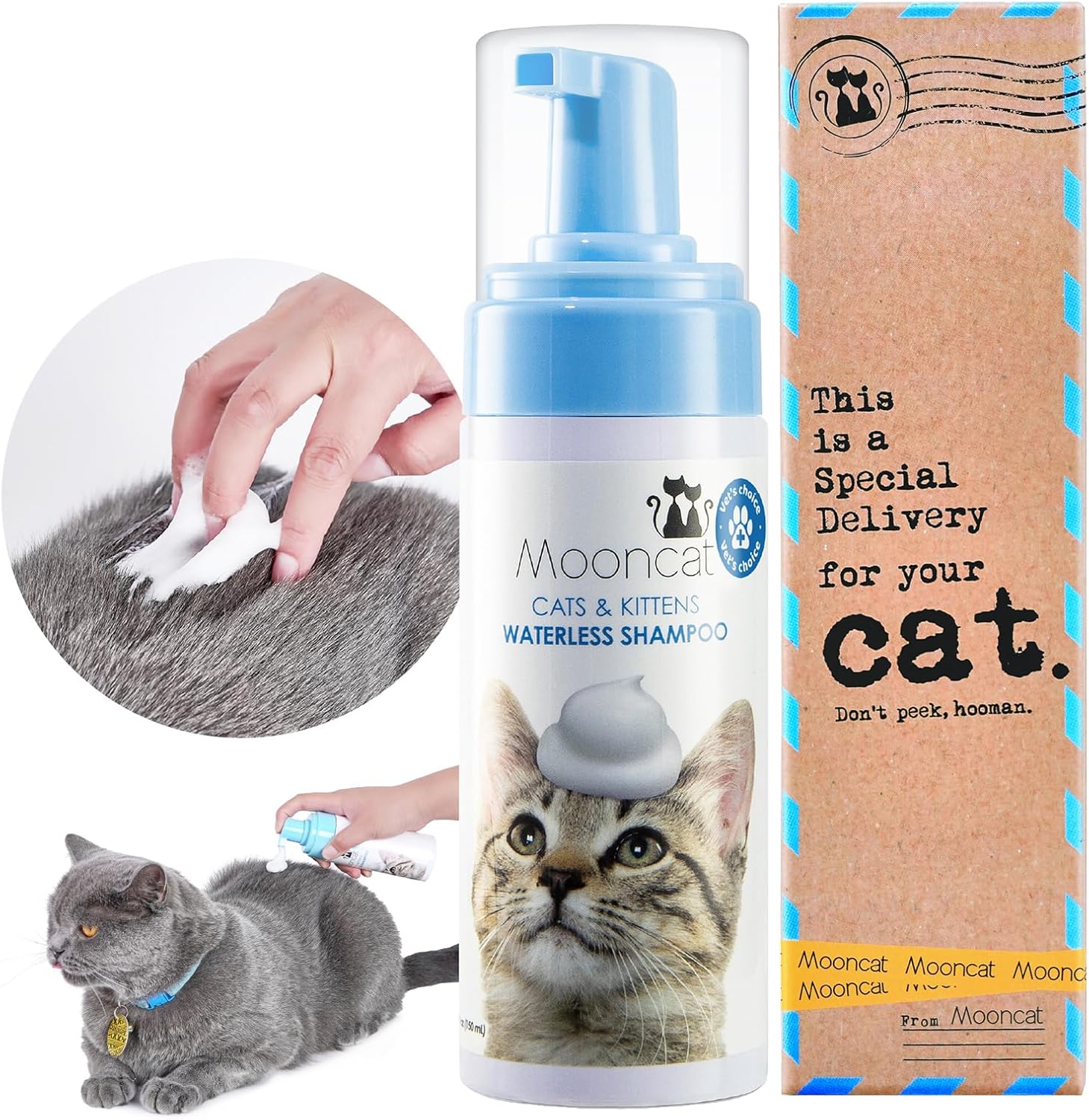 Mooncat No-Rinse Waterless Cat Shampoo – Lick-Safe Dry Bath Foam for Short-Haired Cats, Seniors & Kittens