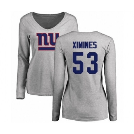 Football Women's New York Giants #53 Oshane Ximines Ash Name & Number Logo Long Sleeve T-Shirt - Jersey