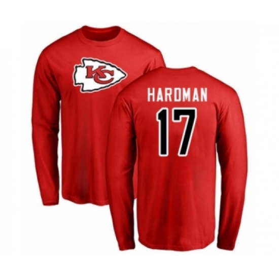 Football Kansas City Chiefs #17 Mecole Hardman Red Name & Number Logo Long Sleeve T-Shirt - Jersey