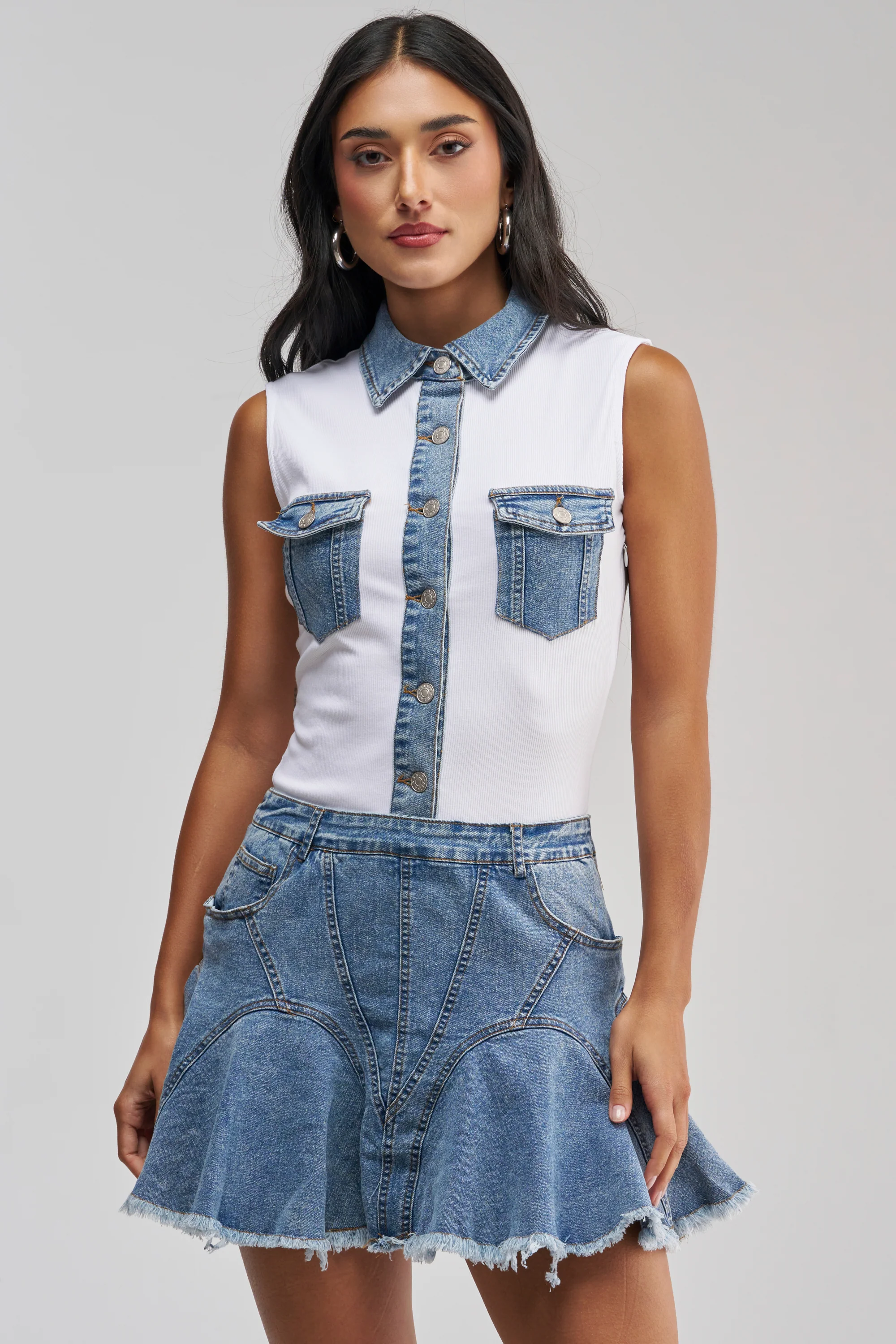 JULIETTE KNIT DENIM SLEEVELESS MINI DRESS - Akira Wear