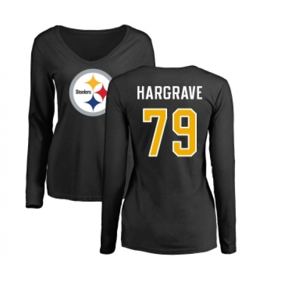 Football Women's Pittsburgh Steelers #79 Javon Hargrave Black Name & Number Logo Slim Fit Long Sleeve T-Shirt - Jersey