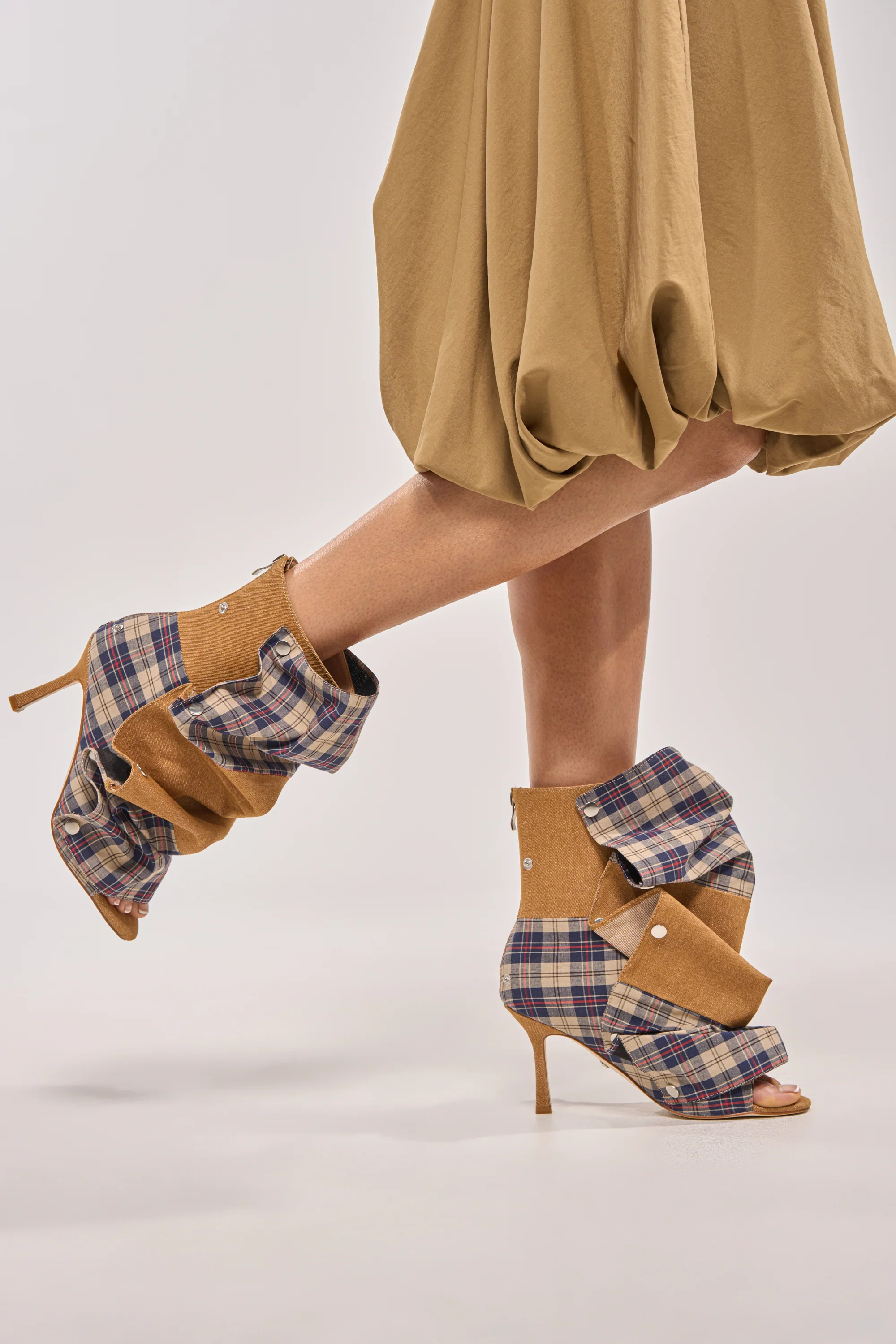 AZALEA WANG BIRD SONG TAUPE PLAID MULTI OPEN TOE BOOTIE - Akira Wear