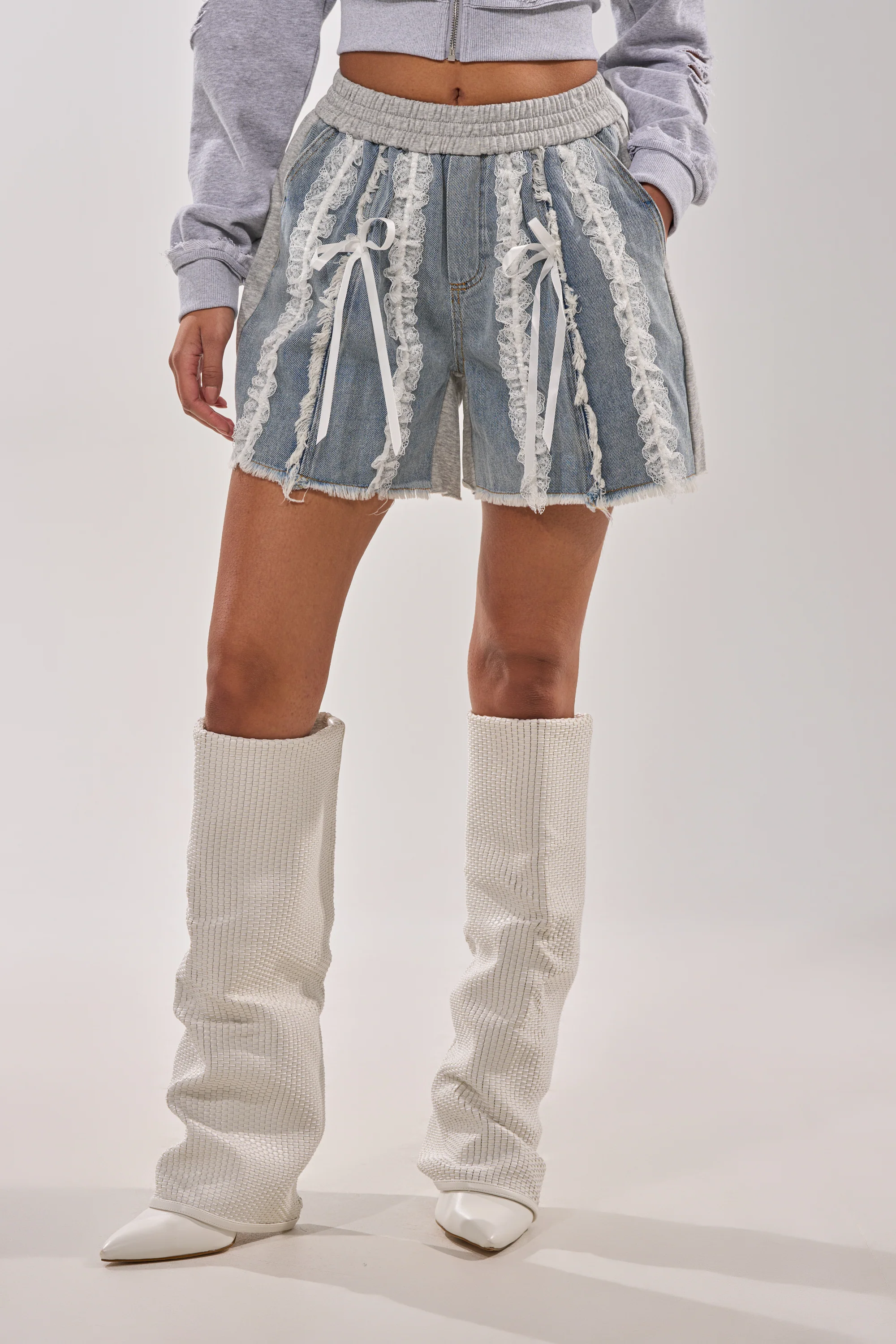 TIED AND LACED DENIM SHORTS - Akira Wear