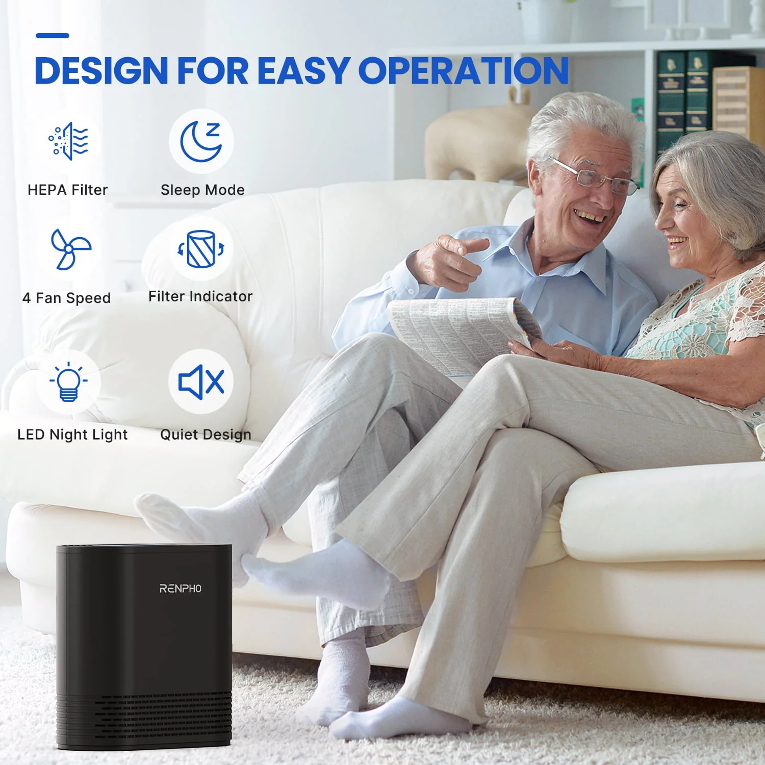 RENPHO True HEPA Air Purifier for Allergies & Asthma, Black
