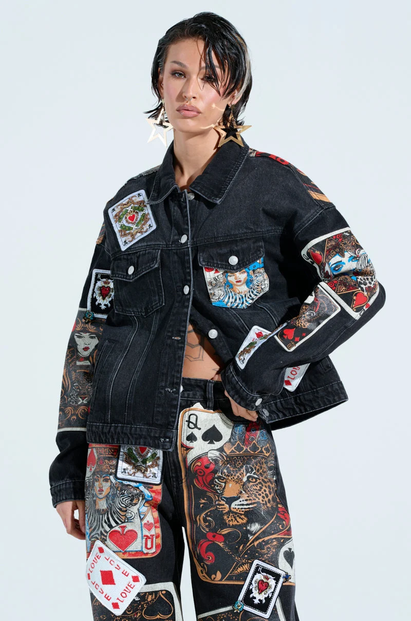 QUEEN OF HEARTS PRINTED AND EMBELLISHED DENIM JACKET - Akira Wear