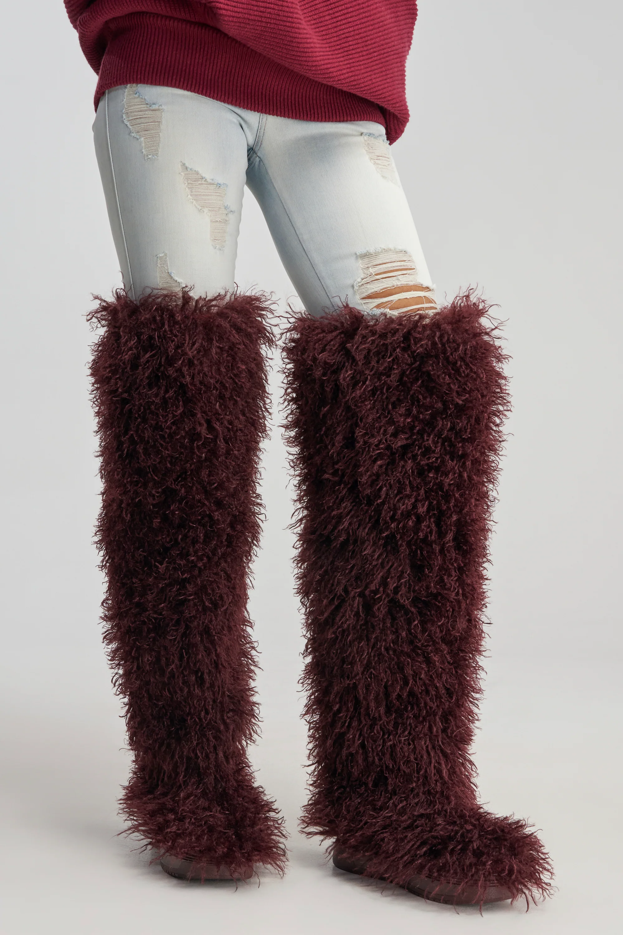 AZALEA WANG TEMPLETON BURGUNDY FAUX POODLE FUR OVER THE KNEE BOOT - Akira Wear