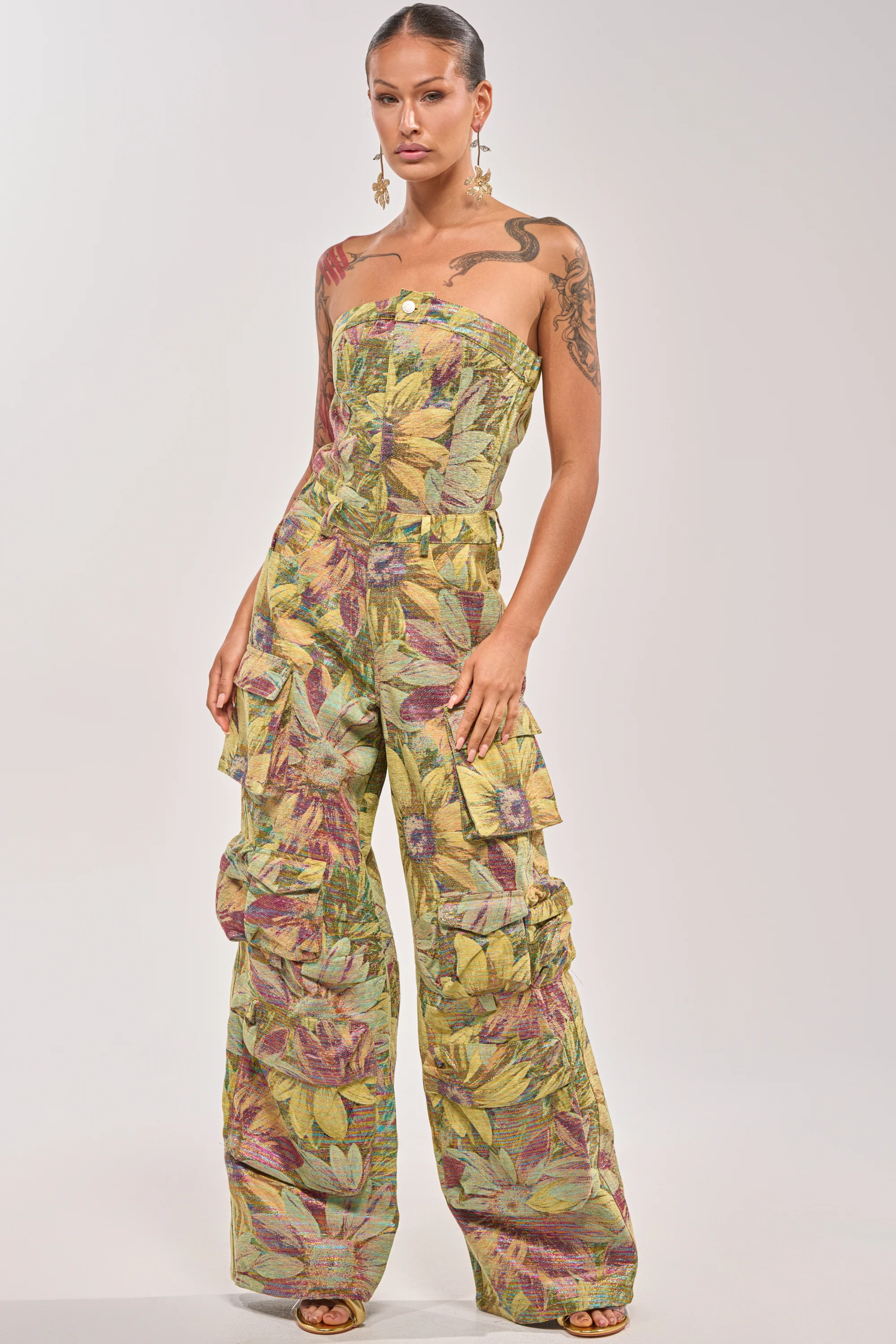 SMELL THE FLOWERS BROCADE STRAPLESS JUMPSUIT - Akira Wear