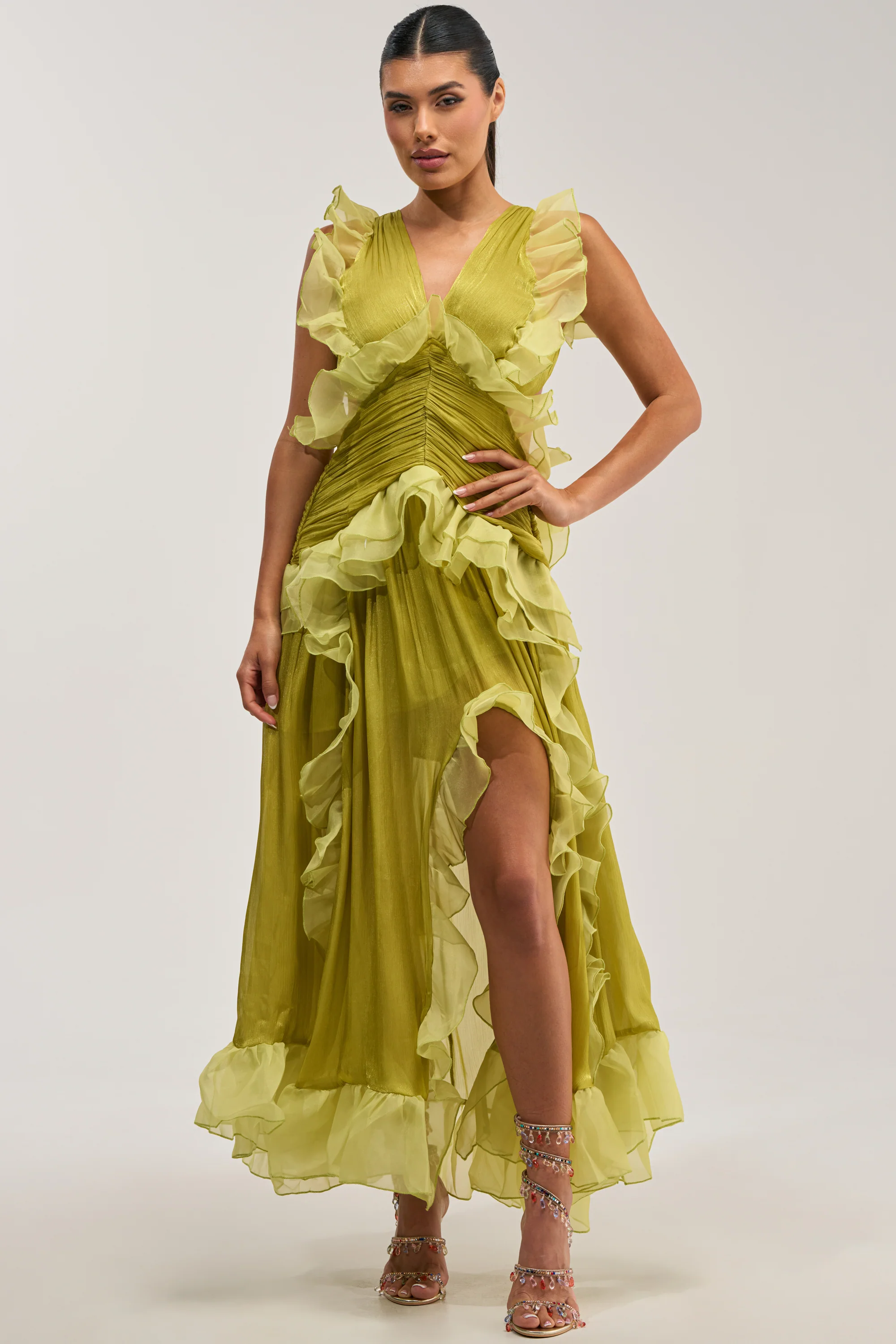 BEAUTIFUL GIRL FLOCKED CHIFFON MAXI DRESS IN GREEN - Akira Wear