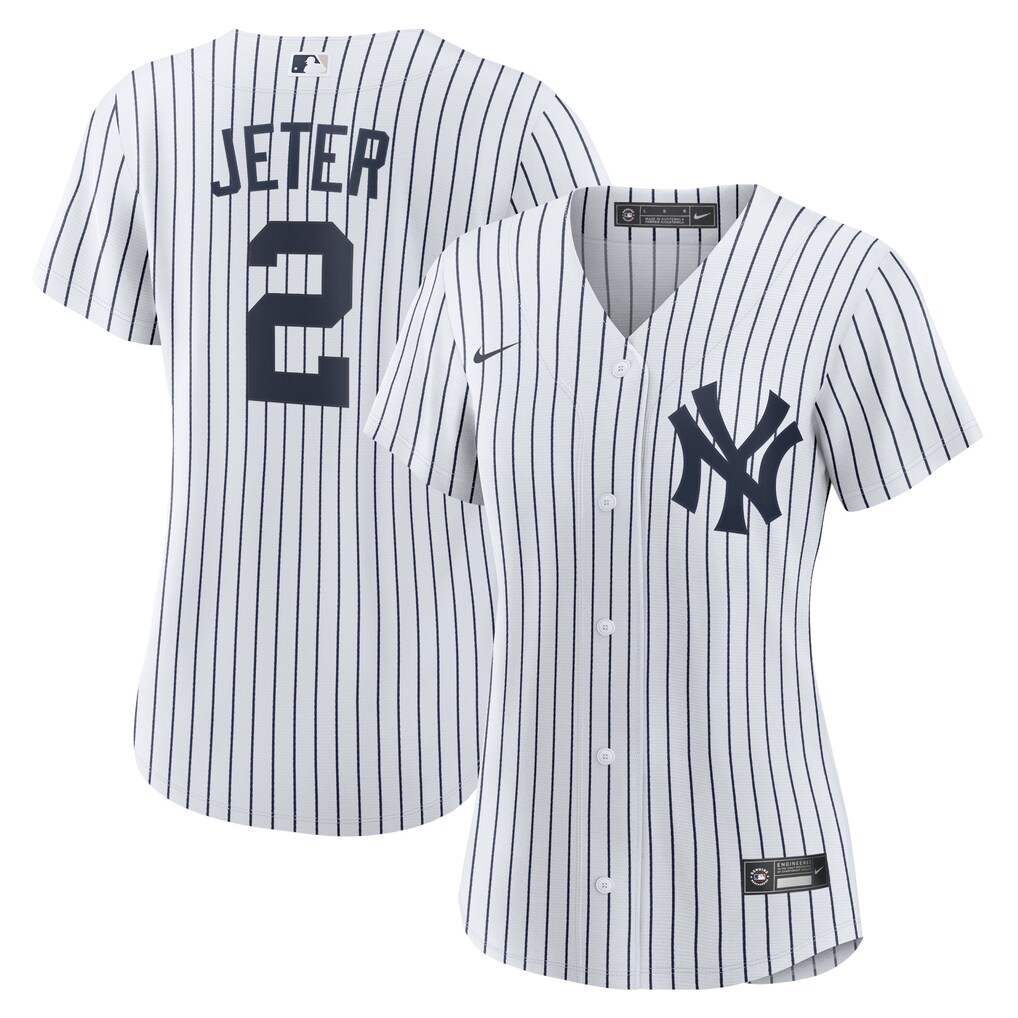 Women's New York Yankees Derek Jeter Nike White/Navy Home Replica Player Name Jersey - Jersey