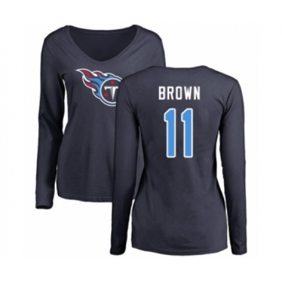 Football Women's Tennessee Titans #11 A.J. Brown Navy Blue Name & Number Logo Long Sleeve T-Shirt - Jersey