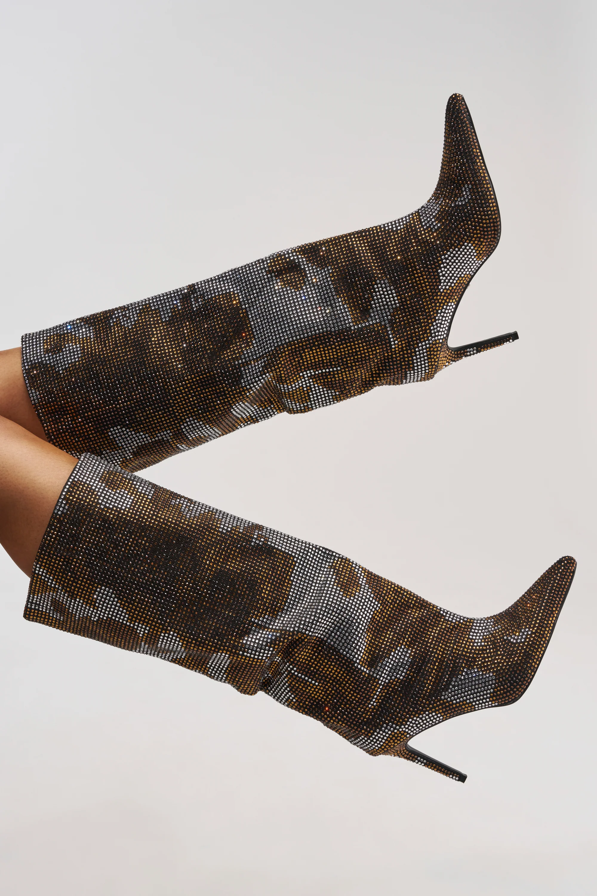 AZALEA WANG ORIEL BRONZE MULTI PRINT RHINESTONE STILETTO BOOT - Akira Wear
