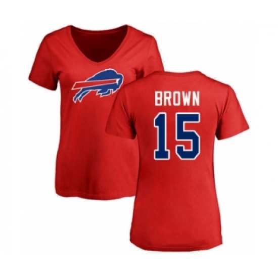 Football Women's Buffalo Bills #15 John Brown Red Name & Number Logo T-Shirt - Jersey
