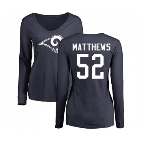 Football Women's Los Angeles Rams #52 Clay Matthews Navy Blue Name & Number Logo Slim Fit Long Sleeve T-Shirt - Jersey