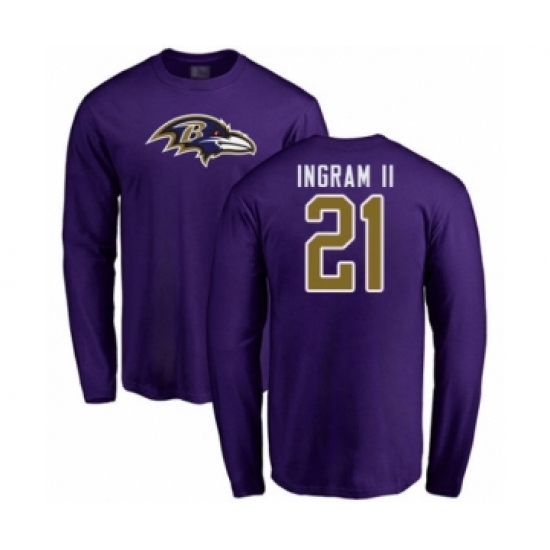 Football Baltimore Ravens #21 Mark Ingram II Purple Name & Number Logo Long Sleeve T-Shirt - Jersey
