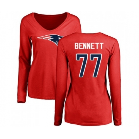 Football Women's New England Patriots #77 Michael Bennett Red Name & Number Logo Slim Fit Long Sleeve T-Shirt - Jersey