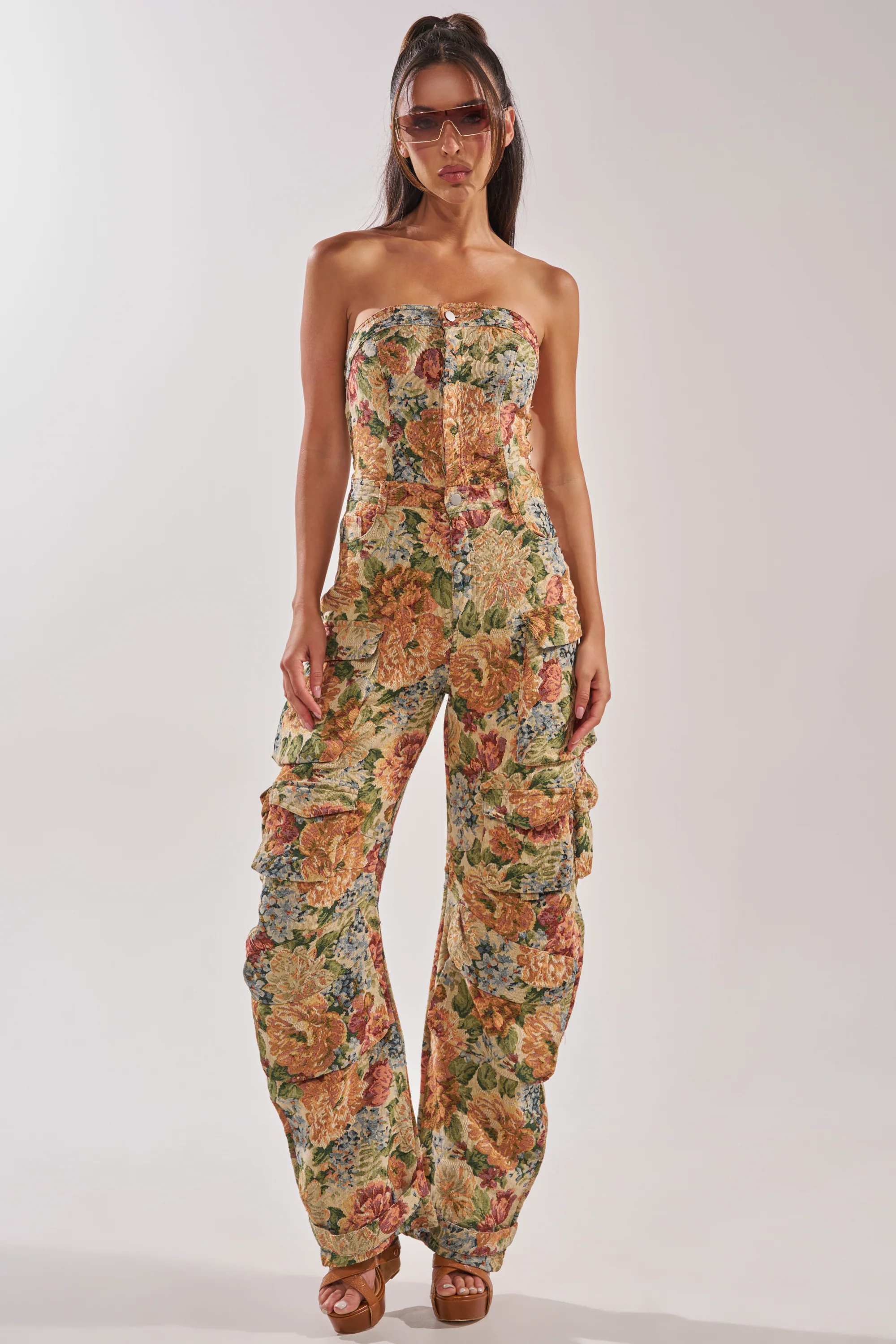 IN HER ELEMENT FLORAL WOVEN JUMPSUIT IN BROWN MULTI - Akira Wear