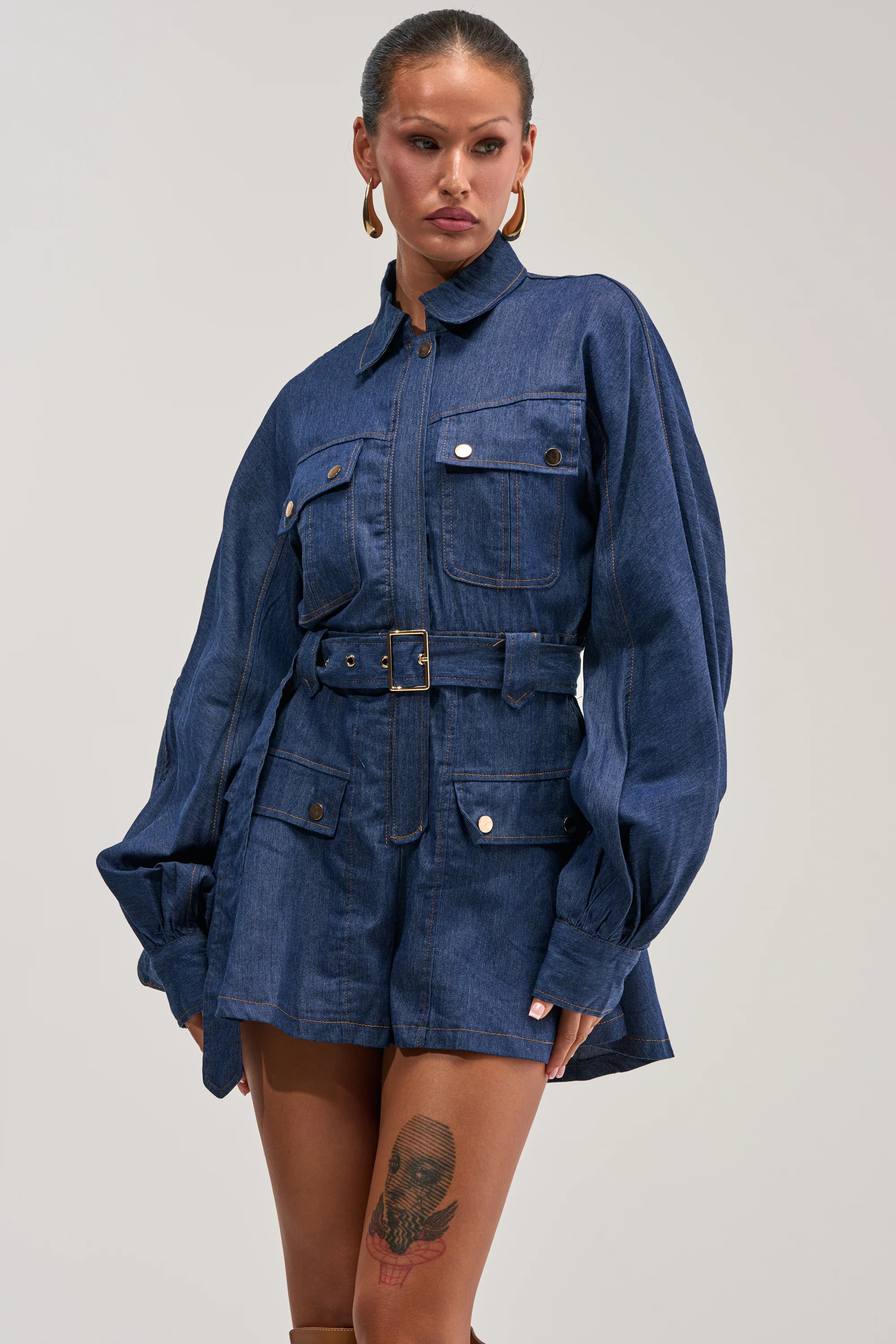 CITYSCAPE BELTED DENIM ROMPER - Akira Wear