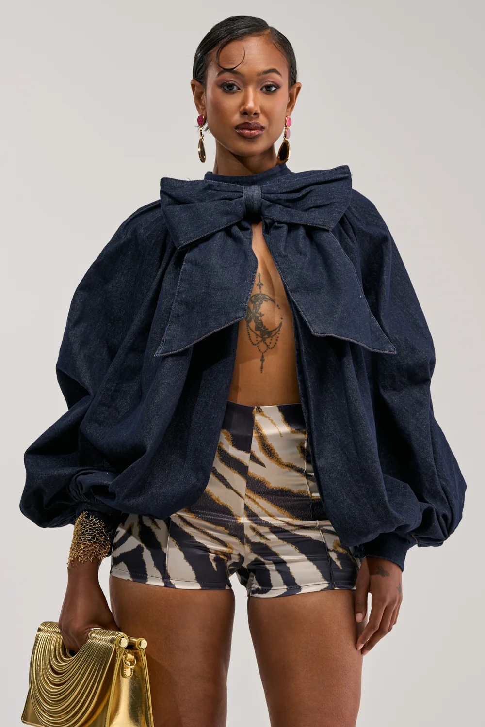 LEAH RUCHED DENIM MOCK NECK TOP IN DARK BLUE DENIM - Akira Wear