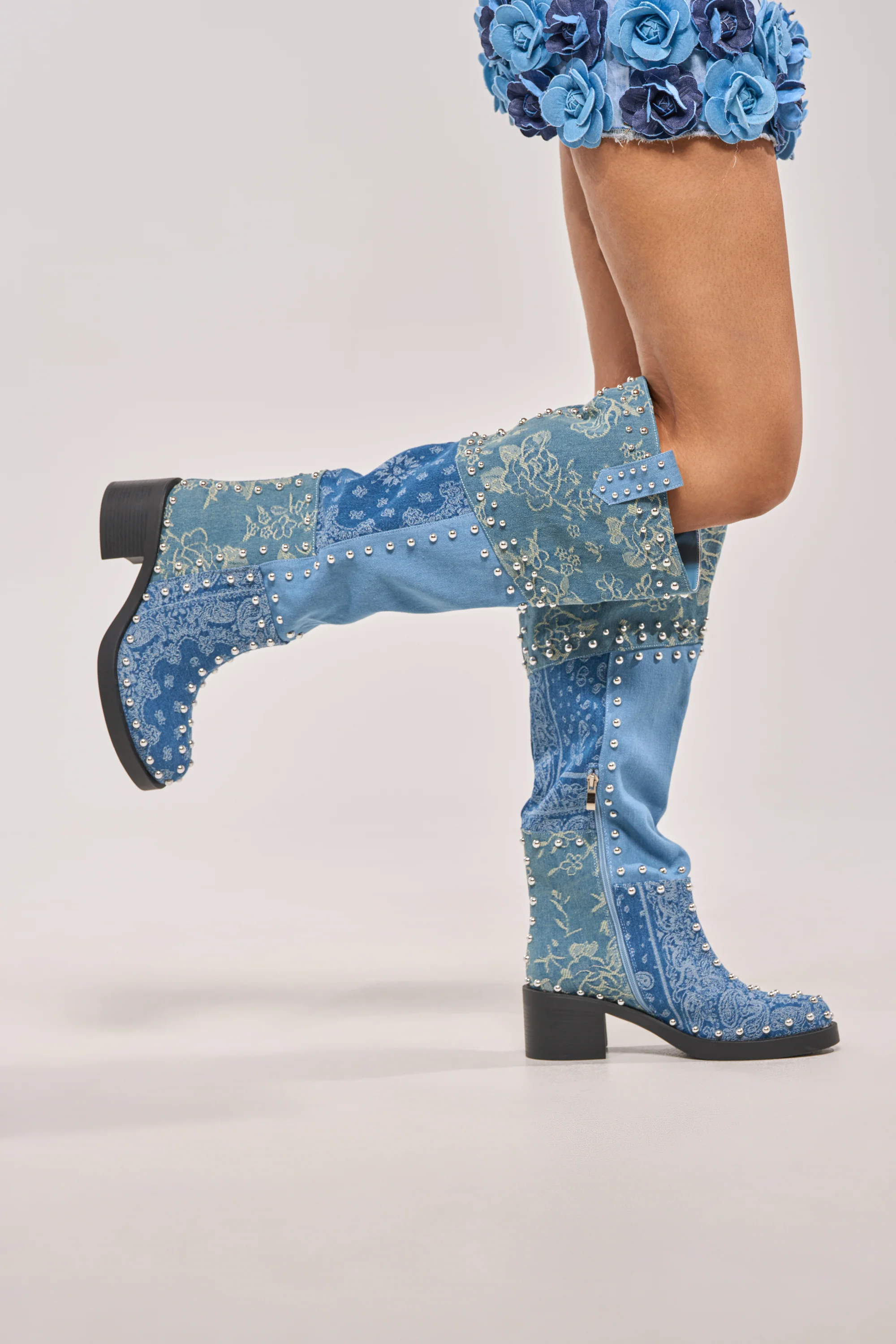 AZALEA WANG LUVIENNE DENIM PATCHWORK STUDDED BLOCK BOOT - Akira Wear
