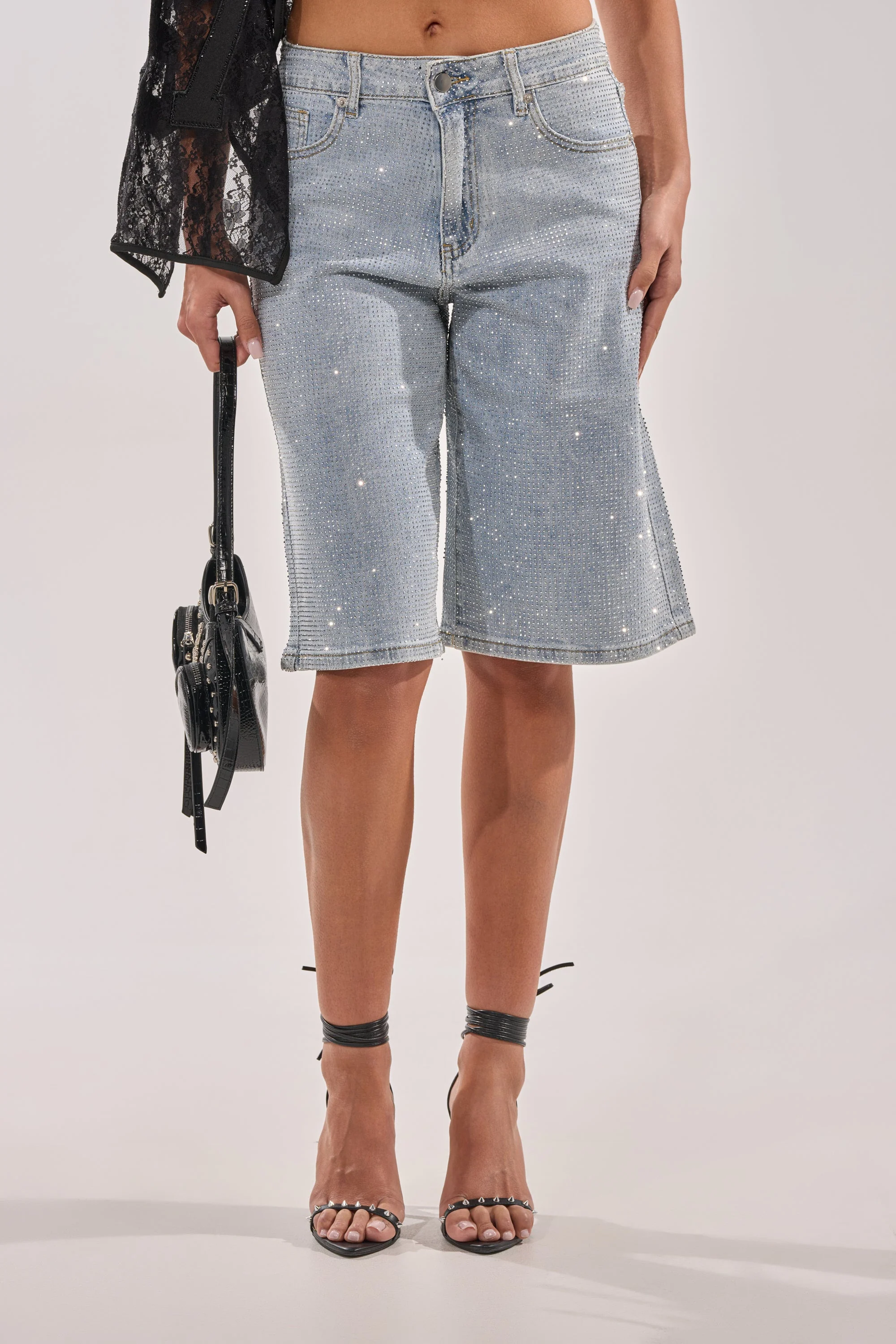 BLING BLING RHINESTONE BERMUDA SHORT IN LIGHT BLUE DENIM - Akira Wear