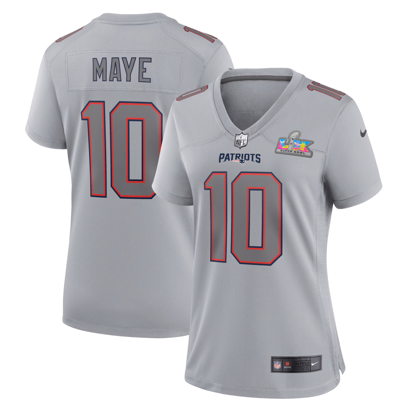 Women's New England Patriots Drake Maye Nike Silver Super Bowl LX Patch Atmosphere Fashion Game Jersey - Jersey