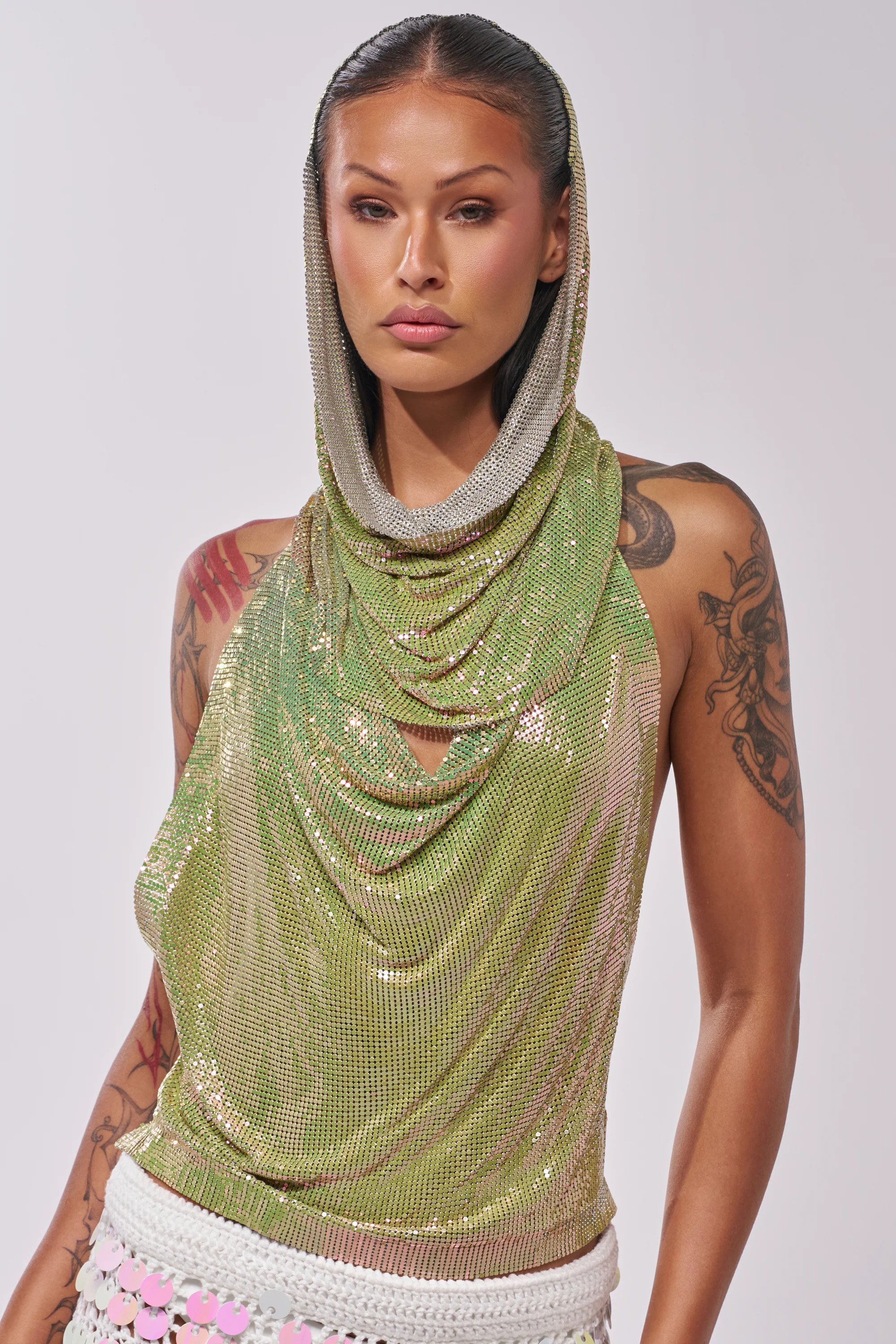 IN MY MIND HOODED CHAINMAIL TOP IN GREEN - Akira Wear