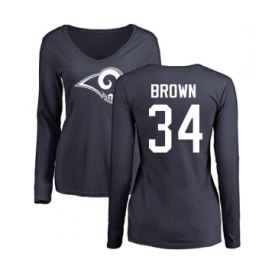 Football Women's Los Angeles Rams #34 Malcolm Brown Navy Blue Name & Number Logo Slim Fit Long Sleeve T-Shirt - Jersey