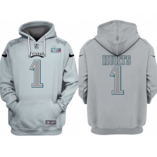 Men's Philadelphia Eagles #1 Jalen Hurts Gray Atmosphere Fashion Super Bowl LVII Patch Pullover Hoodie - Jersey