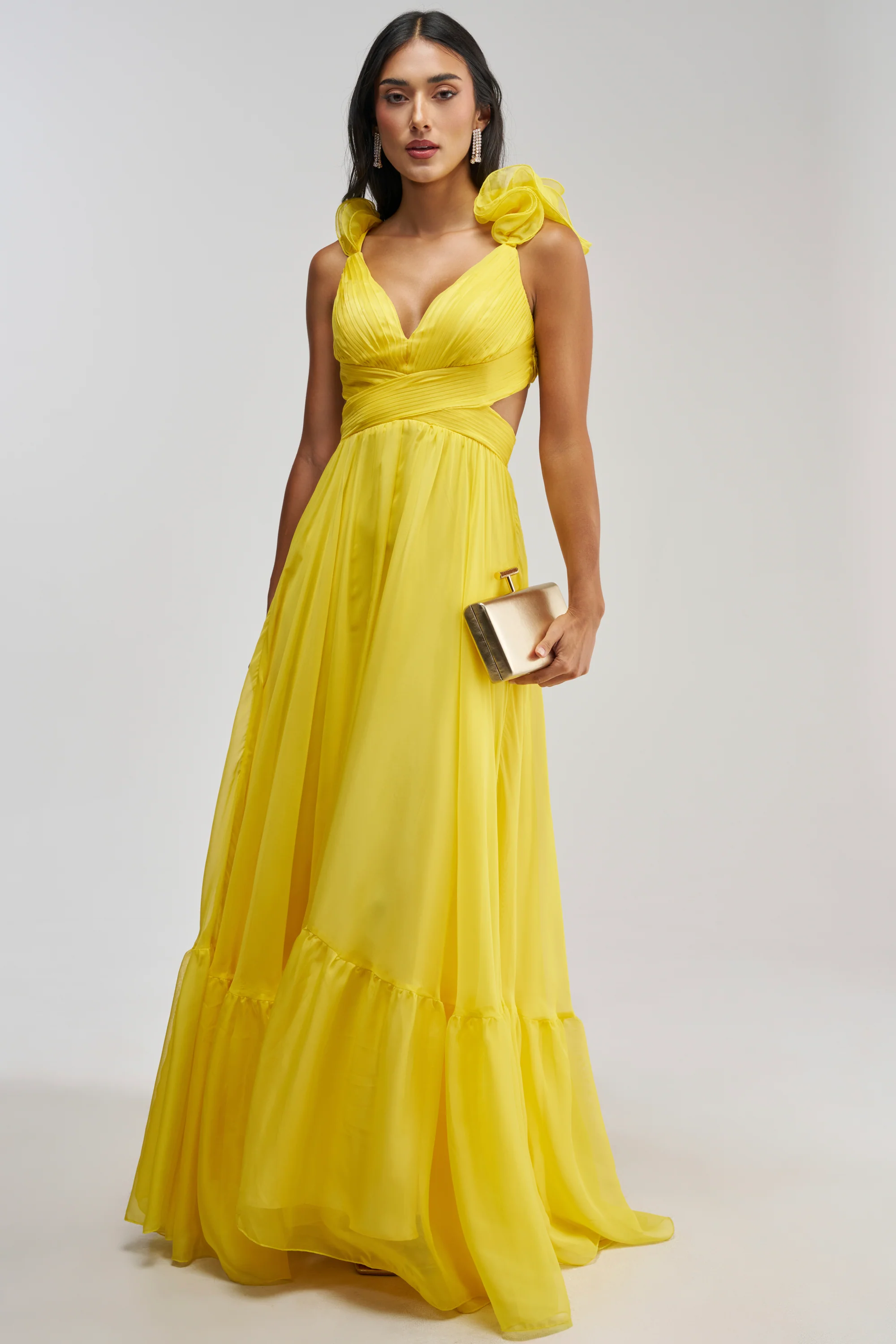 POPPING CHAMPAGNE CHIFFON MAXI DRESS IN YELLOW - Akira Wear